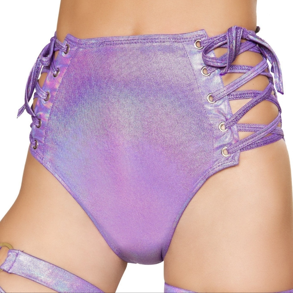 Roma Rave festival purple metallic holographic high waisted lace up shorts